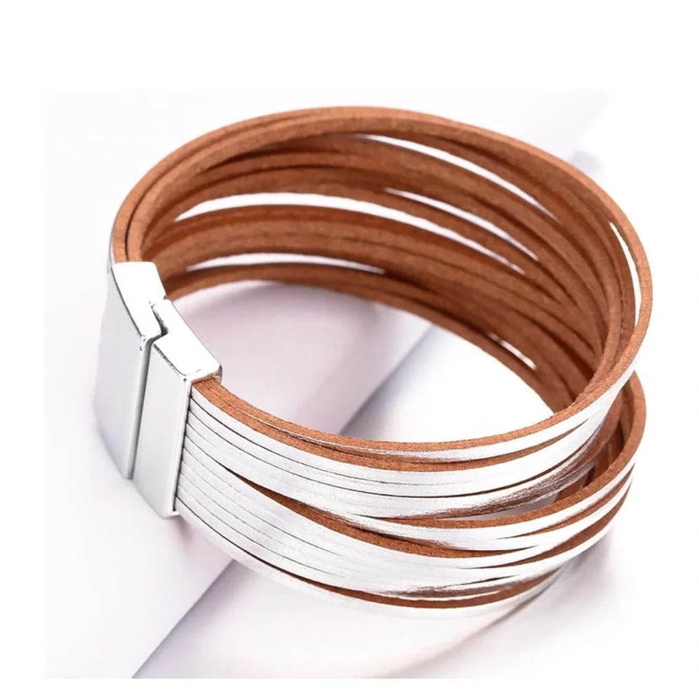 Silver and Tan Spiral Bracelet with Textured Leather Strands